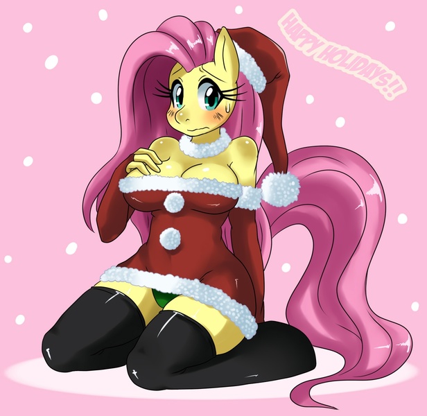 Size: 1243x1211 | Tagged: anthro, artist:ss2sonic, breasts, busty fluttershy, christmas, clothes, derpibooru import, edit, embarrassed, female, fluttershy, green underwear, panties, skirt, solo, suggestive, underwear, upskirt