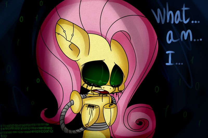 Size: 998x663 | Tagged: safe, artist:extradan, derpibooru import, fluttershy, pony, robot, robot pony, bust, crying, flutterbot, identity crisis, looking down, monologue, open mouth, portrait, solo