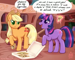 Size: 1024x819 | Tagged: adorkable, applejack, artist:onnanoko, cute, derpibooru import, dork, fancy mathematics, food, math, mushroom, pepper, pizza, pun, safe, twilight sparkle