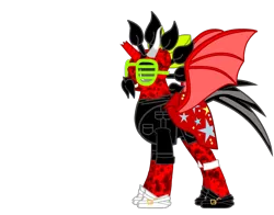 Size: 830x650 | Tagged: artist needed, source needed, safe, derpibooru import, oc, oc:deathwing, unofficial characters only, alicorn, bat pony, bat pony alicorn, pony, pony creator, bow, broken horn, cape, clothes, edgy, horn, male, mary sue, mohawk, ow the edge, red and black oc, shoes, simple background, stallion, sunglasses, transparent background, tricorn, vector