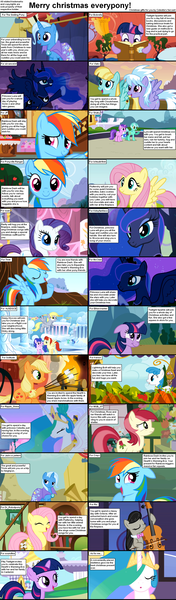 Size: 1282x4375 | Tagged: safe, derpibooru import, amethyst star, applejack, cloudchaser, cool star, derpy hooves, fluttershy, helia, lightning bolt, lyra heartstrings, octavia melody, princess celestia, princess luna, rainbow dash, rarity, roseluck, skyra, starburst (character), stardancer, trixie, twilight sparkle, white lightning, earth pony, pegasus, pony, unicorn, comic:celestia's servant interview, background pony, caption, christmas, comic, female, filly, filly twilight sparkle, foal, male, mare, stallion