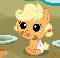 Size: 670x645 | Tagged: safe, derpibooru import, screencap, applejack, pony, apple family reunion, baby, baby pony, babyjack, chubby, cropped, cute, diaper, foal