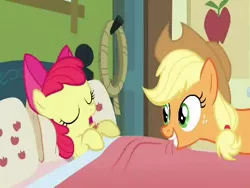 Size: 384x288 | Tagged: safe, derpibooru import, screencap, apple bloom, applejack, earth pony, pony, apple family reunion, bed, female, filly, mare, on back, pillow, sleeping