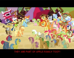 Size: 1280x997 | Tagged: safe, derpibooru import, edit, edited screencap, screencap, apple bloom, apple crumble, apple mint, apple rose, apple split, apple strudel, applejack, auntie applesauce, babs seed, blewgrass, bon bon, braeburn, bushel, carrot top, cherry berry, cloudchaser, dizzy twister, emerald green, fiddlesticks, flounder (character), gala appleby, golden harvest, granny smith, green gem, half baked apple, hayseed turnip truck, helia, hoss, liberty belle, linky, lucky clover, mr. greenhooves, orange swirl, pink lady, pitch perfect, red delicious, red june, shoeshine, sweet tooth, sweetie drops, unnamed pony, pony, apple family reunion, apple family, apple family member, background pony, blank flank, crowd