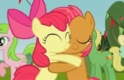 Size: 1621x1049 | Tagged: safe, derpibooru import, screencap, apple bloom, apple honey, apple tarty, babs seed, red gala, wensley, earth pony, pony, apple family reunion, apple family member, hug