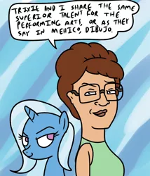 Size: 600x700 | Tagged: safe, artist:corwin, derpibooru import, trixie, human, crossover, glasses, king of the hill, peggy hill