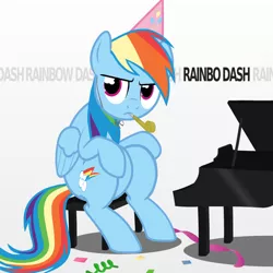 Size: 1024x1024 | Tagged: safe, artist:codefox421, derpibooru import, rainbow dash, pegasus, pony, annoyed, bo burnham, confetti, female, hat, mare, party hat, party horn, piano, rainbow dash is not amused, reference, simple background, sitting, solo, streamers, text, unamused, white background