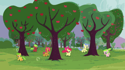 Size: 672x378 | Tagged: animated, apple bloom, apple family member, apple family reunion, apple flora, apple squash, babs seed, derpibooru import, loop, red june, running, safe, sweet tooth