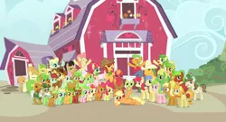 Size: 1362x735 | Tagged: safe, derpibooru import, screencap, apple bloom, apple brown betty, apple bumpkin, apple cobbler, apple crumble, apple dumpling, apple fritter, apple honey, apple leaves, apple mint, apple rose, apple split, apple squash, apple strudel, apple tarty, apple top, applejack, aunt orange, auntie applesauce, babs seed, big macintosh, braeburn, bushel, candy apples, cherry fizzy, florina tart, gala appleby, golden delicious, granny smith, half baked apple, hayseed turnip truck, hoss, jonagold, liberty belle, marmalade jalapeno popette, minty apple, mosely orange, perfect pie, pink lady, red delicious, red gala, red june, sweet tooth, uncle orange, wensley, earth pony, pony, apple family reunion, apple barrel, apple family, apple family member, male, stallion, the oranges, the whole apple family