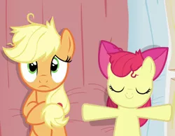 Size: 1394x1080 | Tagged: safe, derpibooru import, screencap, apple bloom, applejack, earth pony, pony, apple family reunion, bed, female, filly, implications, mare, on back, out of context, pillow