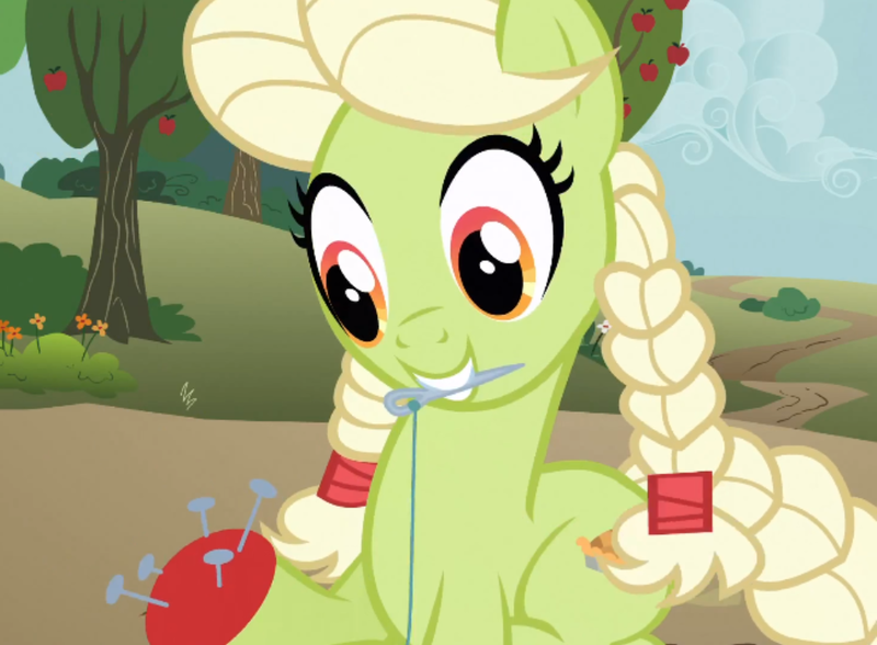 Size: 975x717 | Tagged: safe, derpibooru import, screencap, granny smith, earth pony, pony, apple family reunion, braid, braided tail, cropped, female, mare, mouth hold, needle, pincushion, sewing, solo, thread, young granny smith, younger