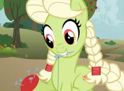 Size: 975x717 | Tagged: safe, derpibooru import, screencap, granny smith, earth pony, pony, apple family reunion, braid, braided tail, cropped, female, mare, mouth hold, needle, pincushion, sewing, solo, thread, young granny smith, younger