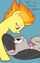 Size: 822x1280 | Tagged: artist:whatsapokemon, bedroom eyes, blushing, female, lesbian, looking at each other, mare, octavia melody, on back, open mouth, safe, shipping, simple background, smiling, spitfire, spittavia