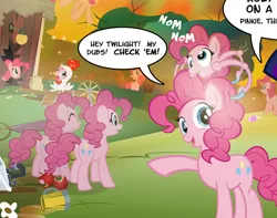 Size: 562x443 | Tagged: safe, artist:pixelkitties, derpibooru import, pinkie pie, pony, animal costume, apple, butt, chicken suit, cider, clones, clothes, costume, dubs, eyes closed, female, flower, food, mare, offscreen character, plot, sink, tree