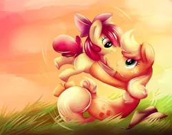 Size: 3809x3000 | Tagged: dead source, safe, artist:strychninehellfriend, derpibooru import, apple bloom, applejack, pony, adorabloom, cute, female, hatless, holding a pony, missing accessory, playing, sisters