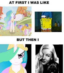 Size: 1188x1364 | Tagged: safe, derpibooru import, screencap, princess celestia, image, just one bite, photo, png, smiling, spongebob squarepants, spongebob squarepants (character), veronica lake