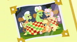 Size: 1174x640 | Tagged: apple family reunion, applejack, apple rose, auntie applesauce, derpibooru import, false teeth, granny smith, photo, quilt, safe, screencap