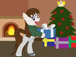 Size: 1024x768 | Tagged: safe, artist:rob barba, derpibooru import, oc, oc:dj martinez, unofficial characters only, pony, all-american girl, bipedal, christmas, christmas tree, clothes, fireplace, happy, human behavior, pants, present, smiling, tree