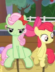 Size: 417x543 | Tagged: apple bloom, apple family member, apple family reunion, bedroom eyes, derpibooru import, fillyphile, florina tart, minty apple, out of context, safe, screencap, sitting