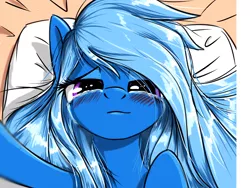 Size: 800x600 | Tagged: safe, artist:madhotaru, derpibooru import, trixie, pony, bedroom eyes, blushing, crying, female, looking at you, mare, messy mane, on back, pov, smiling