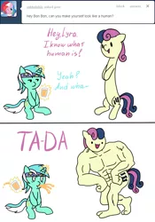 Size: 630x900 | Tagged: abs, artist:fantasyglow, ask, bon bombastic, bon bon, buff, derpibooru import, human, longbon, lyra heartstrings, muscles, safe, sweetie drops, tumblr, wat, wizard