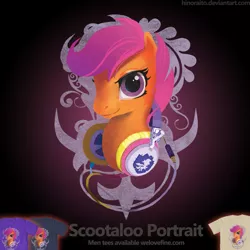 Size: 1299x1299 | Tagged: artist:hinoraito, clothes, derpibooru import, headphones, official, safe, scootaloo, smiling, solo, t-shirt, welovefine