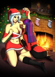 Size: 3508x4961 | Tagged: absurd resolution, artist:deilan12, belly button, big breasts, boots, breasts, busty trixie, candle, christmas, christmas tree, cleavage, clothes, costume, derpibooru import, female, fireplace, high heel boots, holiday, humanized, kneeling, lesbian, mistletoe, nudity, santa costume, sexy, sexy santa costume, shipping, shoes, stockings, suggestive, tree, trixie, twilight sparkle, twixie