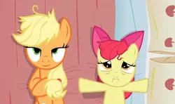 Size: 568x336 | Tagged: safe, derpibooru import, edit, edited screencap, screencap, apple bloom, applejack, earth pony, pony, apple family reunion, applecest, bed, bloomjack, female, filly, inverted mouth, lesbian, mare, on back, out of context, pillow, shipping