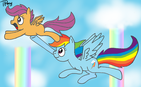 Size: 600x373 | Tagged: artist:twitterfulpony, derpibooru import, flying, rainbow dash, safe, scootaloo, scootalove