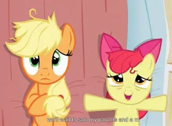 Size: 939x692 | Tagged: safe, derpibooru import, edit, edited screencap, screencap, apple bloom, applejack, earth pony, pony, apple family reunion, bed, caption, female, filly, mare, on back, out of context, pillow, youtube caption