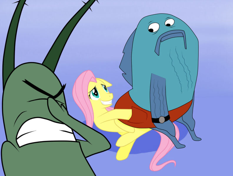 Size: 1077x816 | Tagged: artist:flint2m90, assertive, crossover, derpibooru import, fluttershy, insertive, safe, sheldon j. plankton, spongebob squarepants, walking small