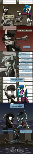 Size: 1290x5945 | Tagged: semi-grimdark, artist:zedrin, derpibooru import, apple bloom, applejack, lyra heartstrings, octavia melody, trixie, vinyl scratch, earth pony, pony, unicorn, ask-mafia-octavia, bipedal, blood, comic, crying, female, filly, gun, imminent death, mafia, mare, murder, vulgar, weapon