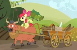 Size: 412x268 | Tagged: safe, derpibooru import, screencap, apple bloom, bull, earth pony, pony, apple family reunion, cart, cloven hooves, duo, female, filly, ponies riding bulls, riding