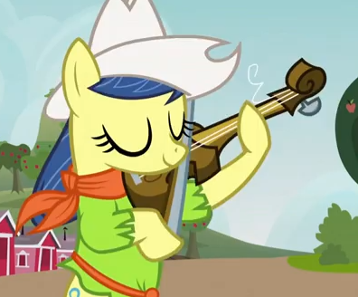 Size: 396x328 | Tagged: safe, derpibooru import, screencap, fiddlesticks, earth pony, pony, apple family reunion, apple family member, background pony, clothes, cowboy hat, cropped, eyes closed, female, hat, mare, shirt, solo, stetson, violin