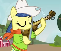 Size: 396x328 | Tagged: safe, derpibooru import, screencap, fiddlesticks, earth pony, pony, apple family reunion, apple family member, background pony, clothes, cowboy hat, cropped, eyes closed, female, hat, mare, shirt, solo, stetson, violin