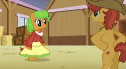 Size: 844x466 | Tagged: safe, derpibooru import, screencap, dosie dough, half baked apple, pony, apple family member, bipedal, clothes, cute, dress, standing