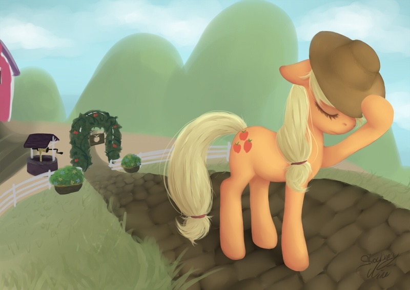 Size: 1200x848 | Tagged: safe, artist:crystalsonatica, derpibooru import, applejack, eyes closed, sad, solo, sweet apple acres