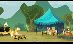 Size: 1680x1028 | Tagged: apple cinnamon, apple dumpling, apple family reunion, applejack, apple leaves, bushel, candy apples, derpibooru import, hoss, safe, screencap, wensley, youtube caption