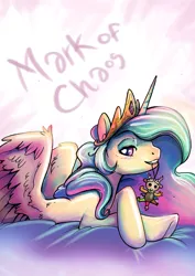 Size: 3307x4677 | Tagged: suggestive, artist:psychoon, derpibooru import, discord, princess celestia, comic:mark of chaos, dislestia, female, male, plushie, shipping, smiling, straight