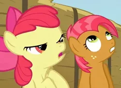 Size: 468x340 | Tagged: safe, derpibooru import, screencap, apple bloom, babs seed, pony, apple family reunion, cousins, cropped, duo, female, filly