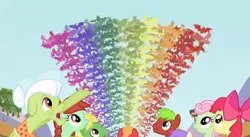 Size: 612x336 | Tagged: safe, derpibooru import, screencap, alula, apple bloom, apple cinnamon, big macintosh, candy apples, florina tart, granny smith, minty apple, wensley, earth pony, fruit bat, pony, apple family reunion, apple family member, cropped, female, filly, looking up, male, mare, pointing, rainbow, stallion
