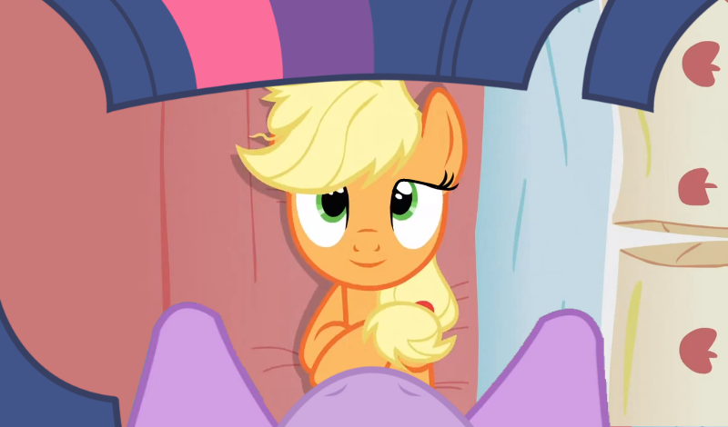 Size: 800x470 | Tagged: applejack, bed, bedroom eyes, derpibooru import, edit, female, female pov, lesbian, messy mane, offscreen character, perspective, pov, questionable, screencap, shipping, twijack, twilight sparkle