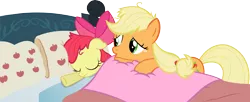 Size: 6048x2466 | Tagged: safe, artist:sunran80, derpibooru import, apple bloom, applejack, earth pony, pony, apple family reunion, bed, butt touch, eyes closed, female, filly, hoof on butt, mare, pillow, simple background, transparent background, vector