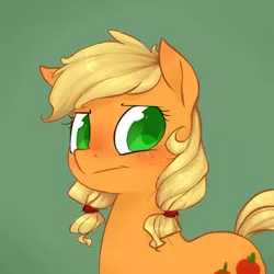 Size: 600x600 | Tagged: alternate hairstyle, applejack, artist:xarakayx, blushing, braid, cute, derpibooru import, freckles, looking at you, pigtails, safe, :t, younger