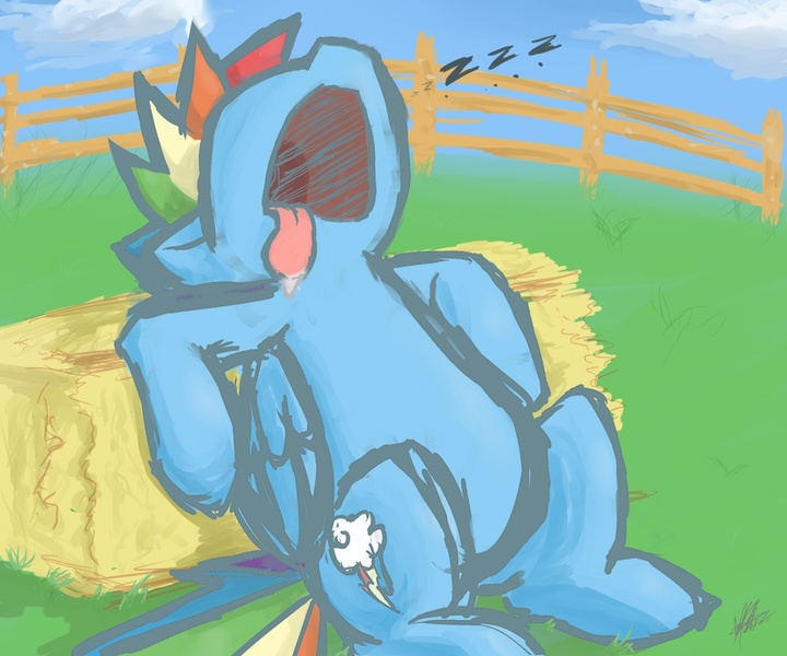 Size: 1200x1000 | Tagged: safe, artist:nolycs, derpibooru import, rainbow dash, drool, nose in the air, rainbow blitz, rule 63, sleeping, snoring, tongue out, zzz