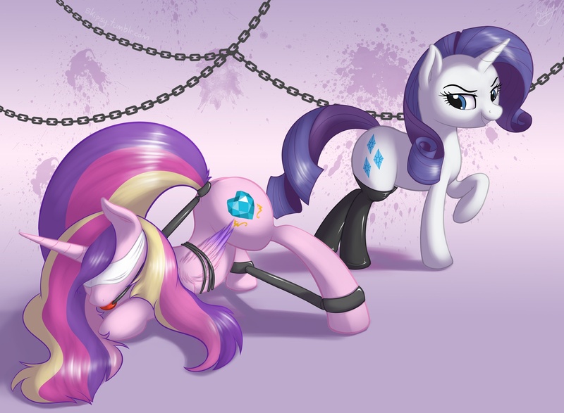 Size: 2500x1833 | Tagged: suggestive, artist:skipsy, derpibooru import, princess cadance, rarity, alicorn, pony, unicorn, ballgag, bedroom eyes, blindfold, bondage, bound wings, clothes, face down ass up, female, gag, grin, infidelity, lesbian, mare, raised hoof, raised tail, smiling, spreader bar, stockings, subdance