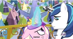 Size: 640x347 | Tagged: captain obvious, derpibooru import, glowing horn, horn crystals, hub logo, princess cadance, safe, screencap, shining armor, the crystal empire, youtube caption