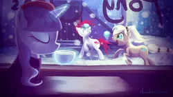 Size: 1920x1080 | Tagged: artist:chimicherrychonga, beatnik rarity, beret, cafe, clothes, coffee, cutie mark, derpibooru import, diner, drink, game shark, hat, magic, oc, rarity, safe, snow, snowball fight, snowfall, space invaders, taito