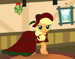 Size: 1384x1100 | Tagged: suggestive, artist:bpie, derpibooru import, applejack, bedroom eyes, blushing, clothes, dress, mistletoe