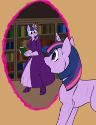 Size: 700x906 | Tagged: alternate universe, anthro, anthro ponidox, artist:foxenawolf, a tale of two twilights, book, bookshelf, clothes, derpibooru import, dress, fanfic art, fanfic cover, glasses, librarian, library, magic, parallel universe, portal, safe, self ponidox, shoes, twilight sparkle, unguligrade anthro